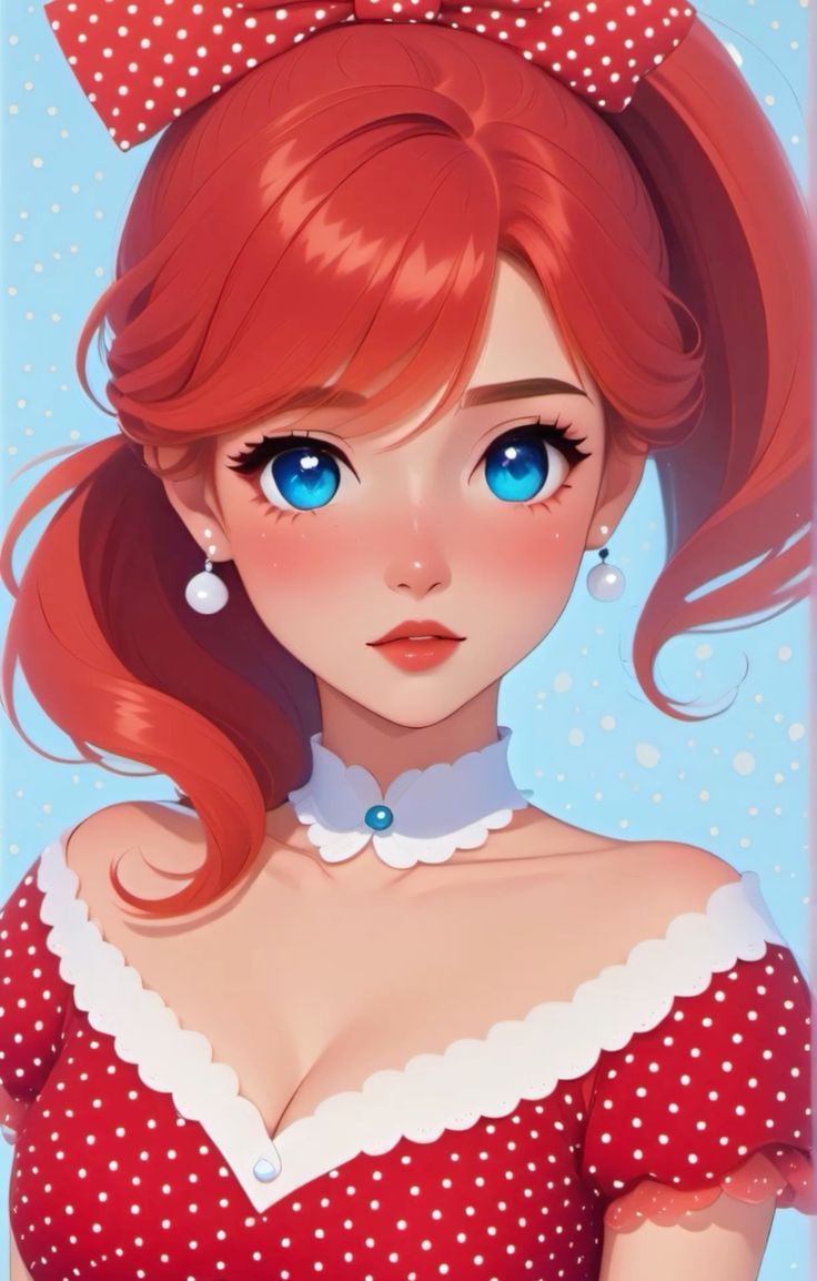 The image features a stylized, animated character with vibrant red hair styled into large curls and adorned with two small white earrings. S...