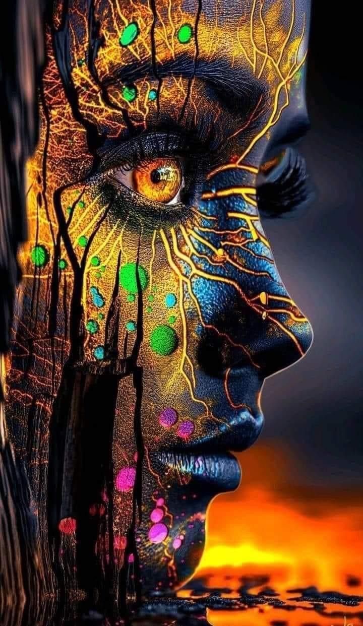 A striking portrait of a woman's face, with intricate patterns and colors that resemble dripping paint or molten metal, set against a warm, ...