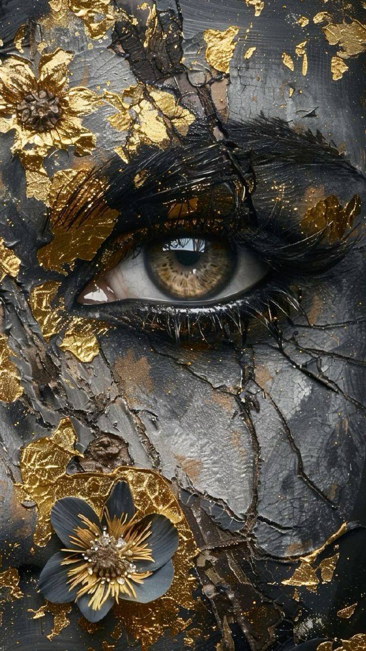 A striking portrait of a woman's face, with intricate patterns and colors that resemble dripping paint or molten metal, set against a warm, ...