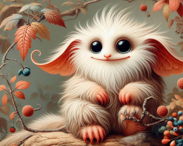   Additional prompt: Please create a cartoon-like picture of a cute, smiling, big-eared, button-eyed little furry creature sitting on a thic...