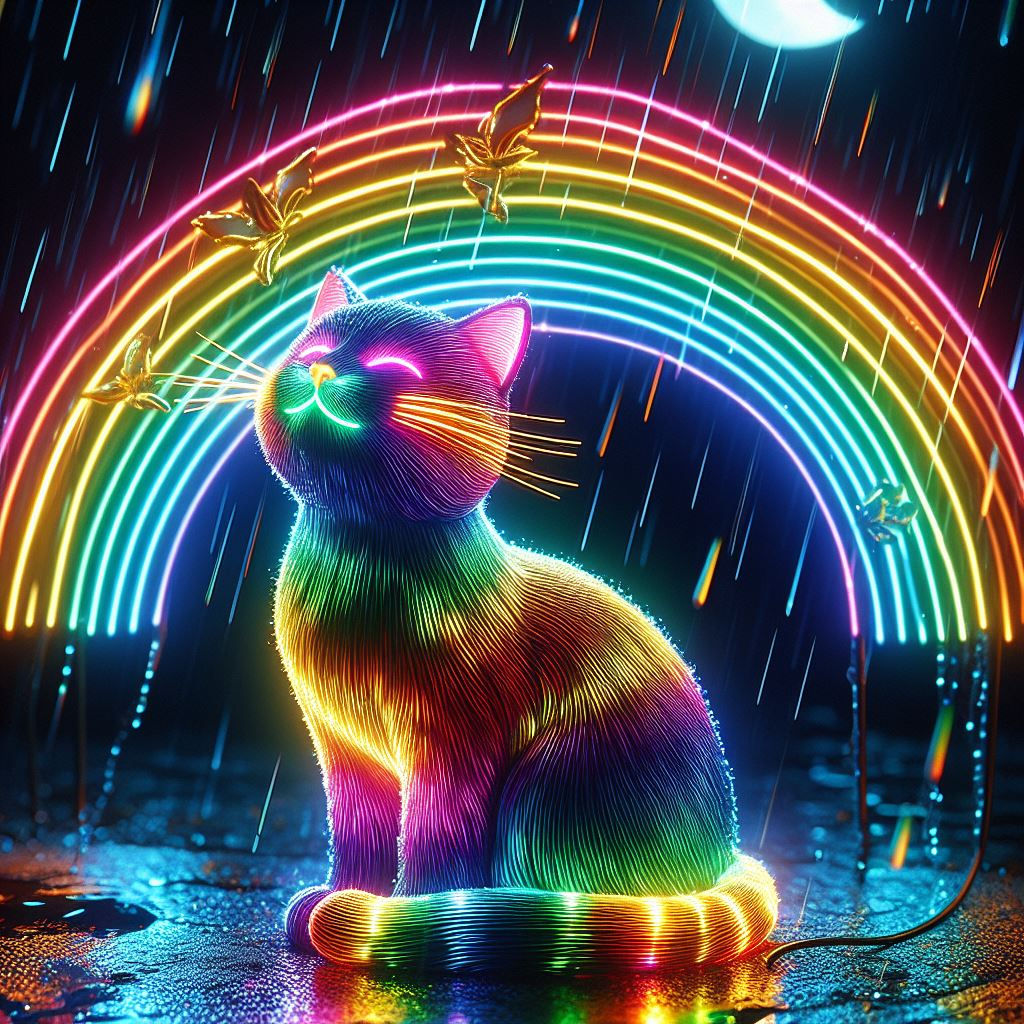 Beautiful rainbow cat in the rain