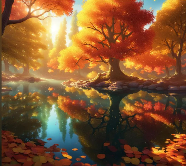 A frozen serene lake shimmers under the bright sunlight, its surface sparkling like a thousand tiny diamonds. Surrounding the water, trees a...