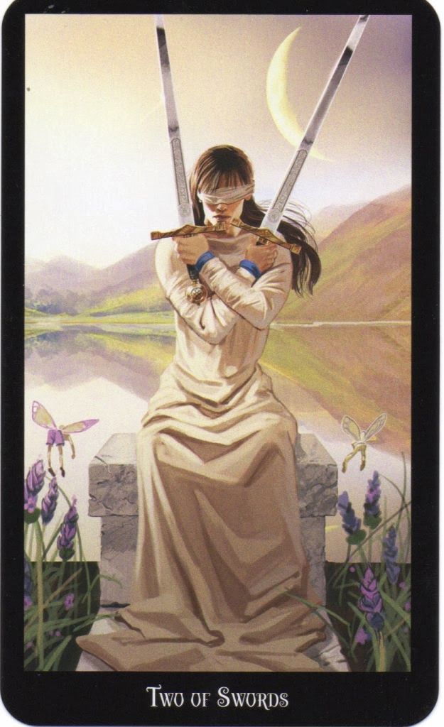 two of Swords, watercolor. Woman sitting in a balanced position, dressed in white, blindfolded, holding two crossed swords. In the backgroun...