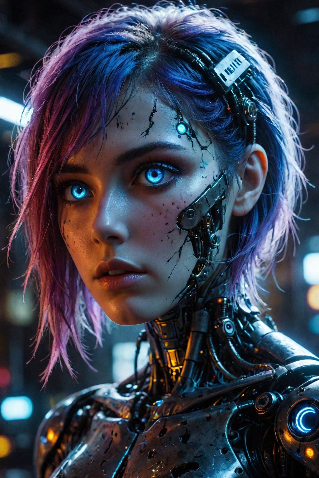 Full body shot of a beautiful cybernetic AI robot girl with long black curly hair, electronics, led lights and  lots of wiring standing on a...