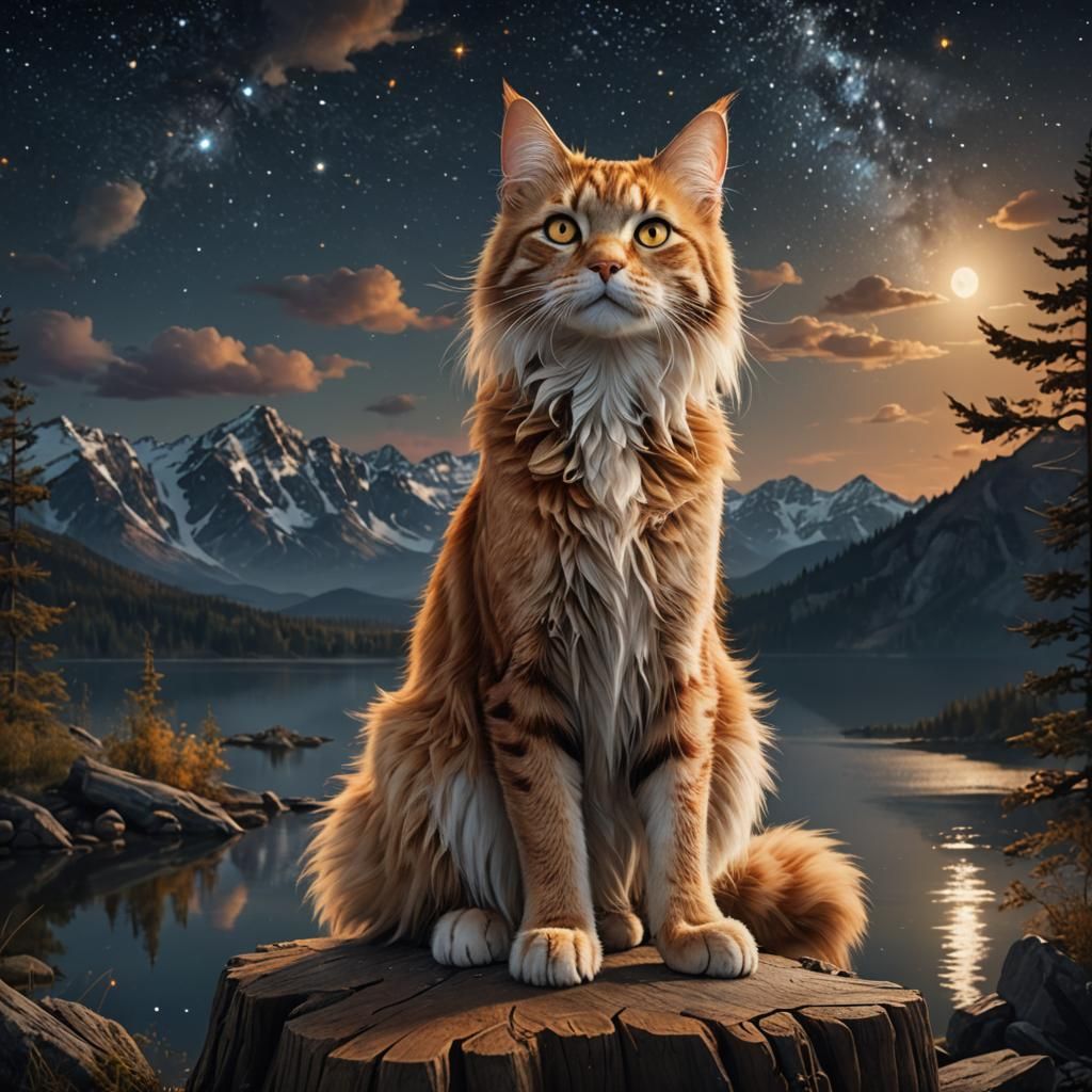 A long-haired tom-cat, long-furred,  bright golden amber and cream classic tabby fur, sky blue eyes, standing on tree stump looking up into...
