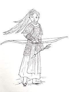 Rough paper. Pen and ink sketch. Chinese Scroll. 📜 Chinese characters. Medieval Chinese princess. Long flowing black hair. Red hanfu. Chine...