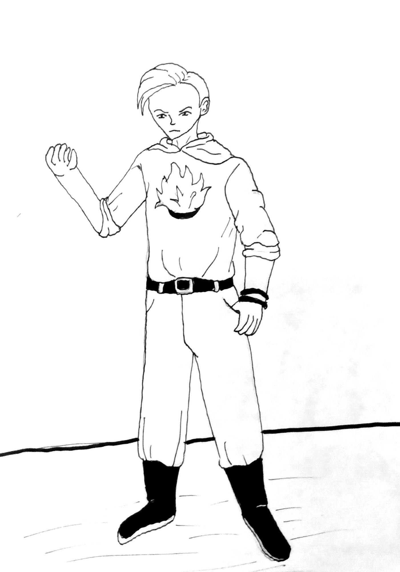 Cute grinning teenage boy. Shock of blond hair. Blue eyes. Blue cape. Black boots. Blue vest. Fantasy school 