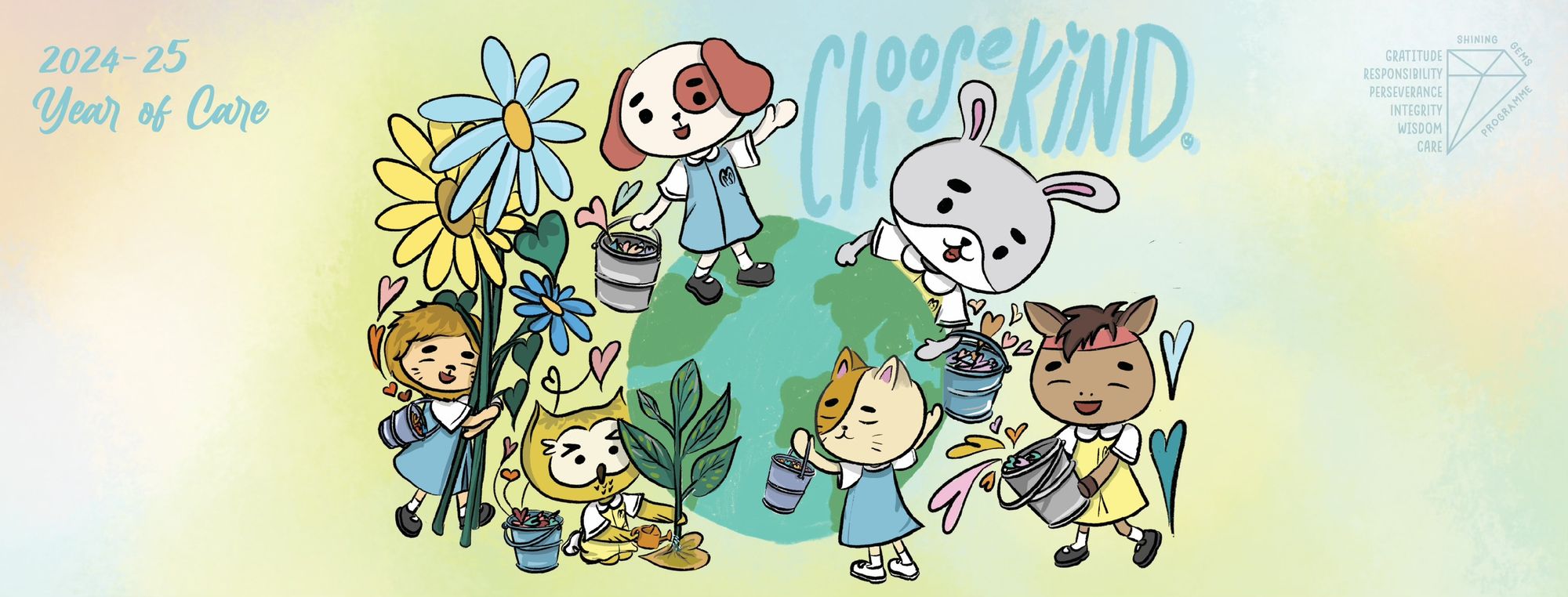 ""Japanese Anime style, Modify all the face to Chinese Panda face and they wearing the same Marymount Primary School uniform from the start...