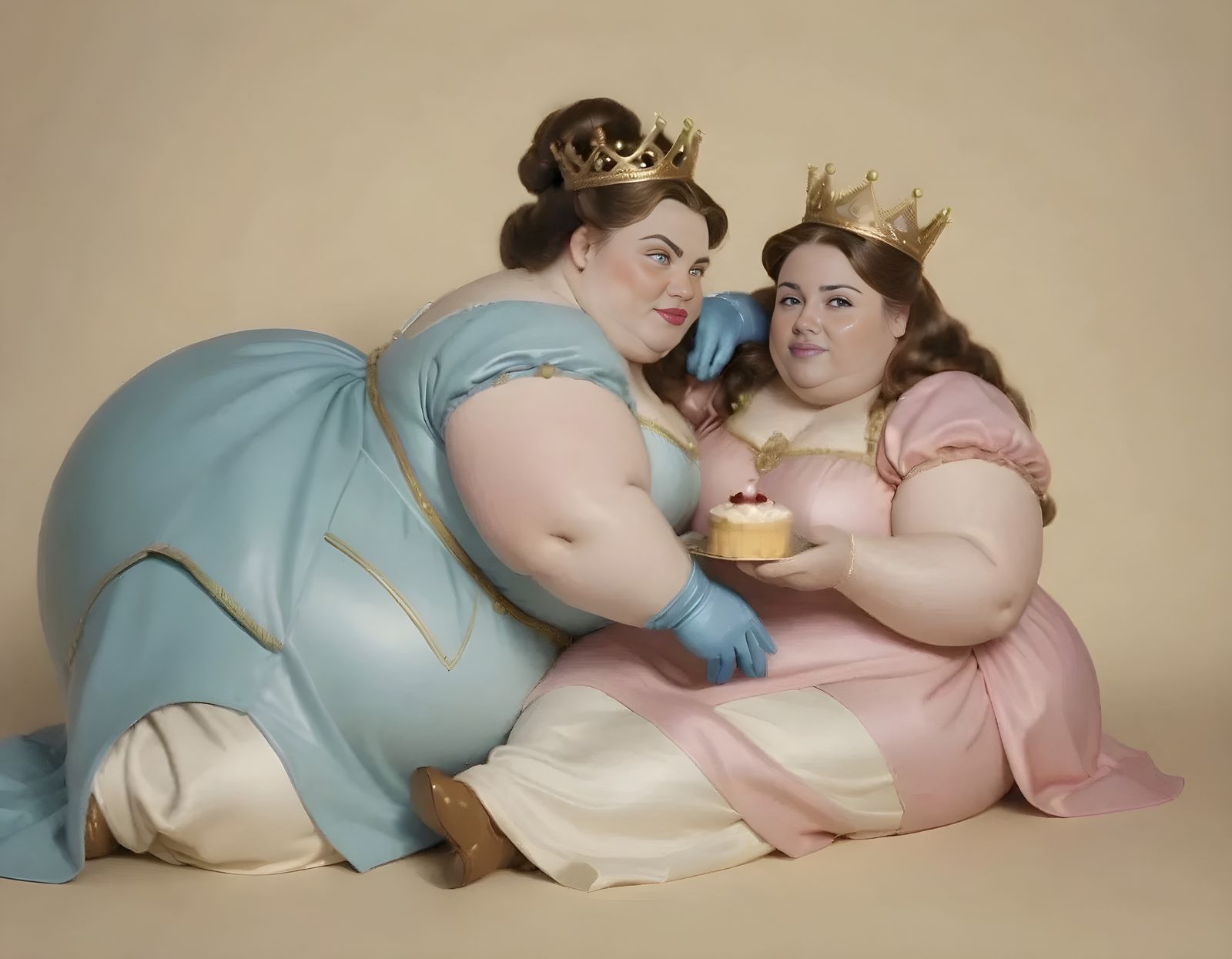 The pink princess feeds the very fat blue princess a piece of the cake and then gives her a kiss, the blue princess wigg...