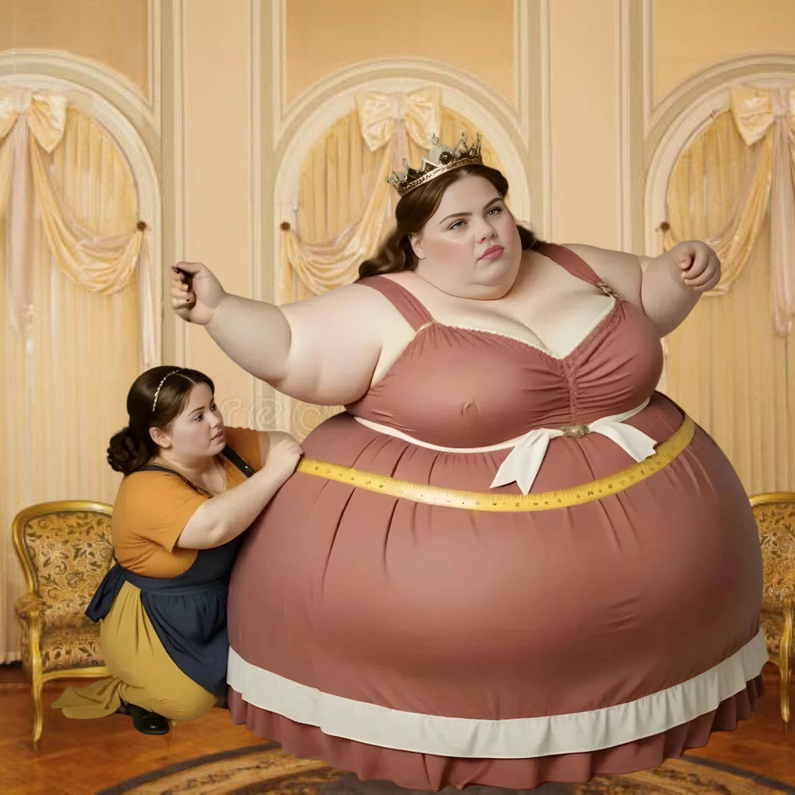 A ssbbw queen getting measured by a servant, the queen looks over her right shoulder and laughs then moves her hips while the servant fails ...