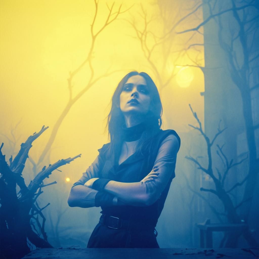 create an image of intense yellow neon light. fog. smoke. female goth fashion model. goth coffee shop. Dead Trees. Black Branches. Black Tur...