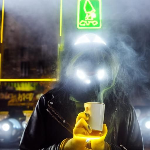 intense yellow neon light. fog. smoke. female goth fashion model. goth coffee shop.