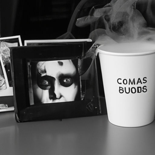 Dark goth photography. Medium shot. A lone goth stands in a field of dead leaves, a cement cottage behind, a dead tree reaching up. Low angl...