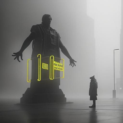 intense yellow neon light. intense brown neon light. bright white light. giant department store mannequins. fog. mist. extreme grainy black...