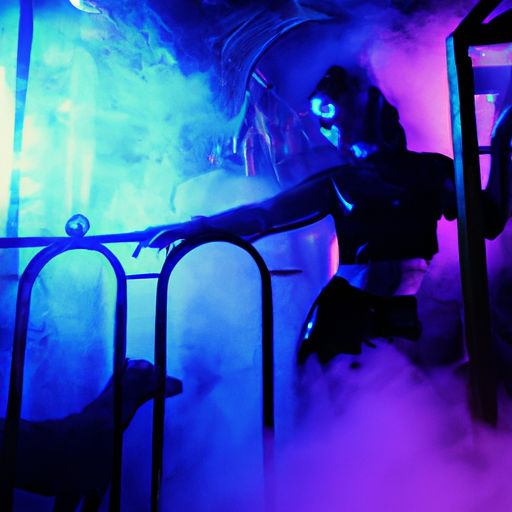 color photography. intense blue neon light. intense pink neon light. fog. smoke. giant chrome lizard. giant black dog. dust. giant spiders....