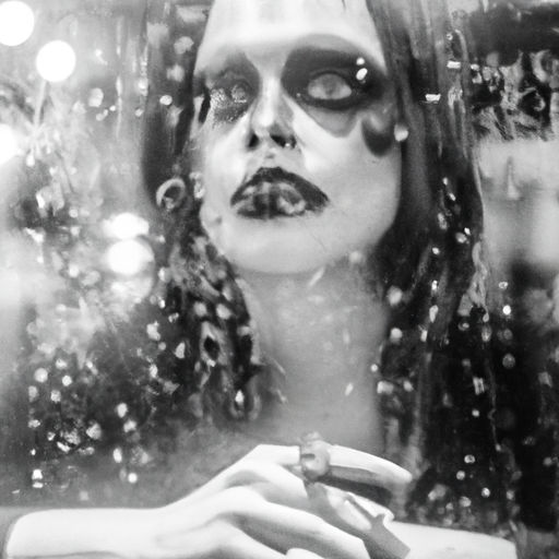 <lora:Black and White Env:1.0> female goth fashion model. goth coffee shop.