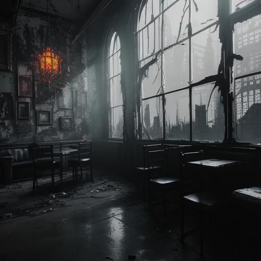 intense green neon light. intense red neon light.
flickering yellow candlelight. female goth fashion model. goth coffee shop. room filled wi...