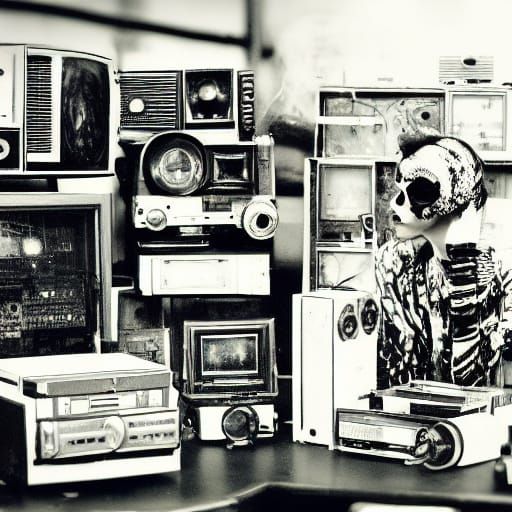 decayed structures including broken plaster columns, plaster walls, and limestone floor tiles, with rusted old cars and a rusted old car doo...