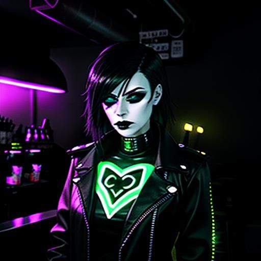 intense yellow neon light. fog. smoke. female goth fashion model. goth coffee shop. Cyberpunk black and white photography.