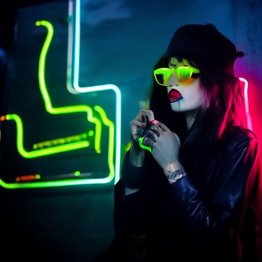 intense yellow neon light. fog. smoke. female goth fashion model. goth coffee shop.