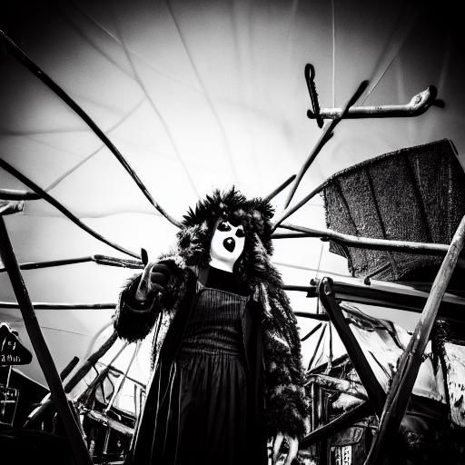 black and white photography. female goth fashion model. vr goggles. rusted carnival ride. fog. smoke. fire. black and white photography. hau...