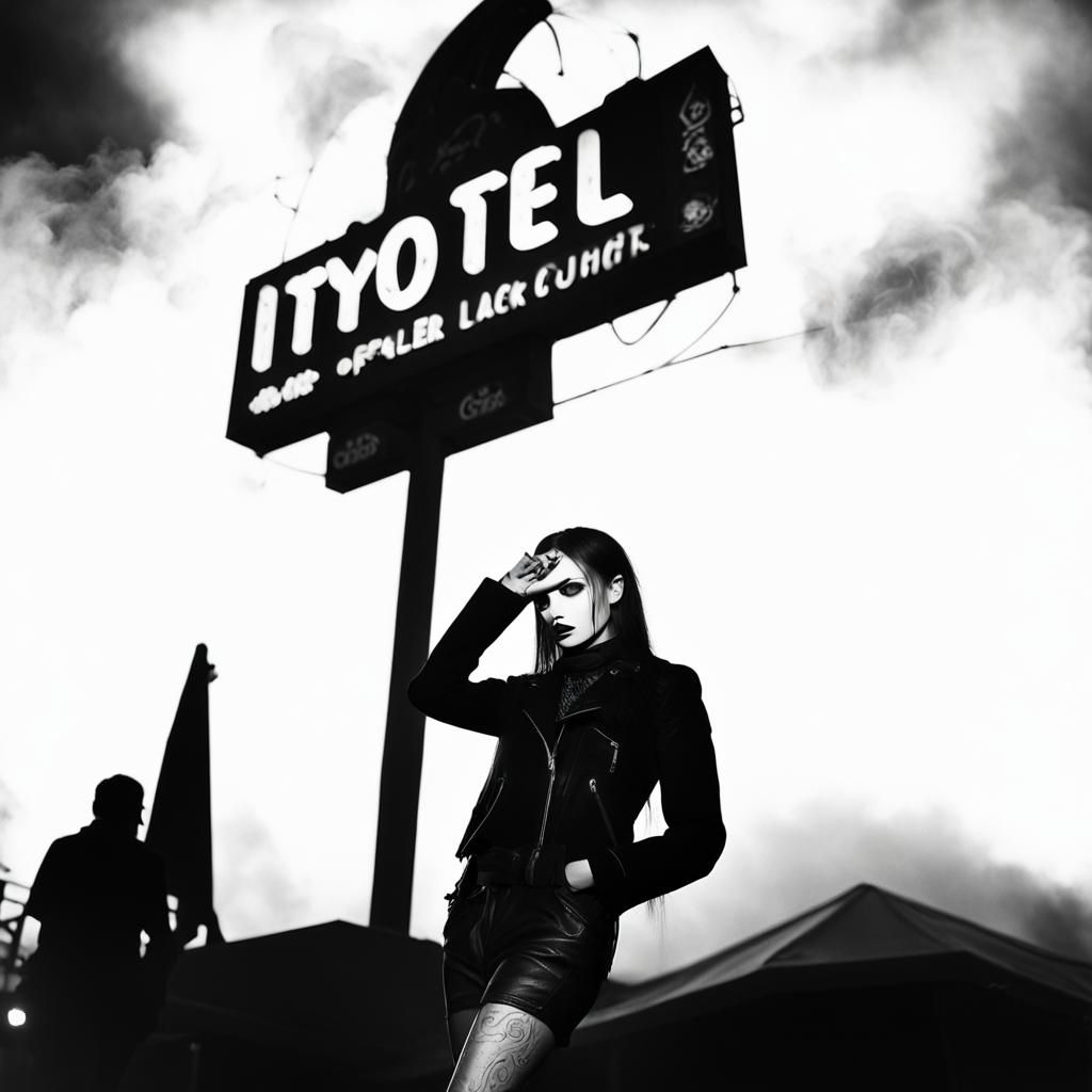 intense pink neon light. intense blue neon light. android. fog. smoke. female goth fashion model. hot blazing sun. scrolls filled with writi...