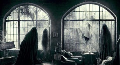 create an image of old astrolabe. antique telescope. goth fashion model. cobwebs. haunted house. ghosts. chains. haunted portraits. ouija bo...