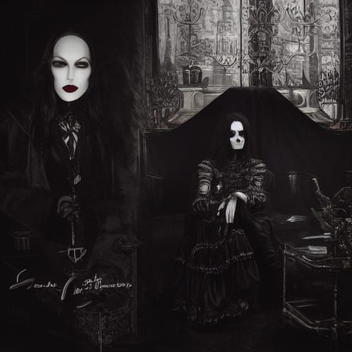 Concept art. Medium shot. Goth musicians and celebrities pose near an outdoor magazine rack. Medium shot. Dark fantasy art style. Intricate ...