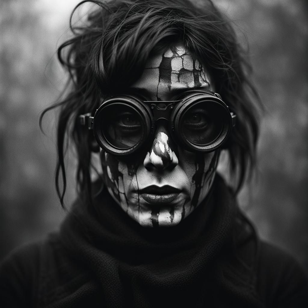 female goth model. brown trench coat. basement of haunted house. broken basement windows. dead trees. black branches. broken branches. black...