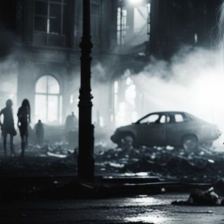 closeup portrait of beautiful female goth fashion model, decayed inner city. cracked sidewalks. burning buildings. abandoned cars. broken gl...