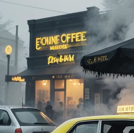 black and white photography. intense yellow neon. fog. smoke. female goth fashion model. goth coffee shop.