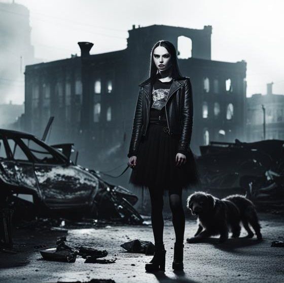 closeup portrait of beautiful female goth fashion model, decayed inner city. cracked sidewalks. burning buildings. abandoned cars. broken gl...