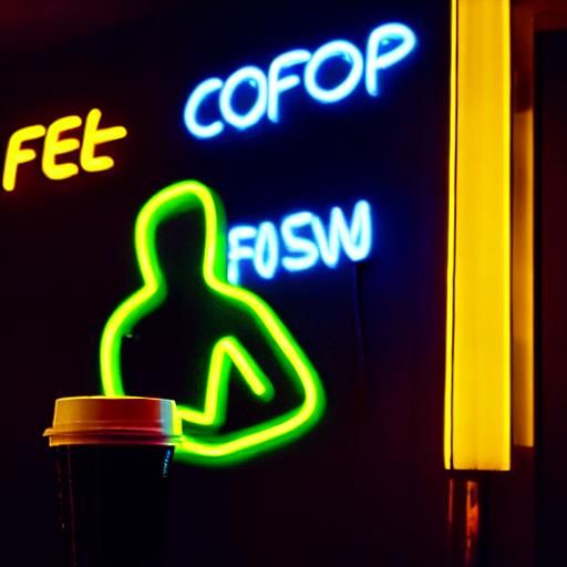 intense yellow neon light. intense brown neon light. bright white light. female goth fashion model. goth coffee shop.