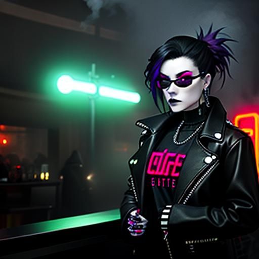intense amber neon. fog. smoke. female goth fashion model. goth coffee shop.