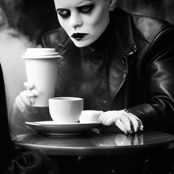 female goth fashion model. giant ventriloquism dummy. fog. goth coffee shop. black and white photography. haunted. ghost adventures. murder....