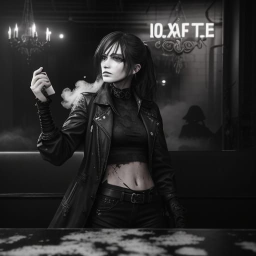  an urban coffee shop built from building rubble. Black and white photography. The gritty urban setting is washed in shadow. Dramatic chiaro...