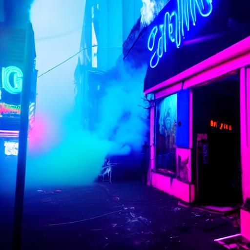 color photography. intense blue neon light. intense pink neon light. fog. smoke. giant chrome lizard. giant black dog. dust. giant spiders....