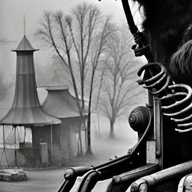 black and white photography. rusted carnival ride. fog. smoke. fire. black and white photography. H. P. Lovecraft and the haunted house carn...