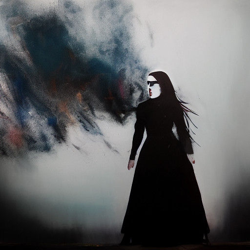 fog. smoke. female goth fashion model. goth coffee shop.Textured, dynamic canvas painting style reminiscent of Franz Kline and Pollock. Airb...