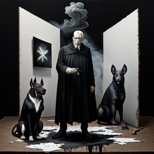 art gallery. paintings in the style of Munch. Oil paintings. white gallery walls. 