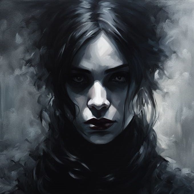 Breathtakingly cinematic. Medium shot. A beautiful fashion model poses amidst goth patrons inside an urban coffee shop built from building r...