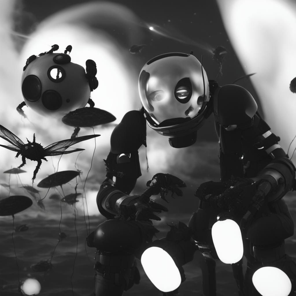 diving suit. diving bell. old fashioned diving helmet. giant mechanical arm. strange alien crab like creature. undersea insect creatures. gl...