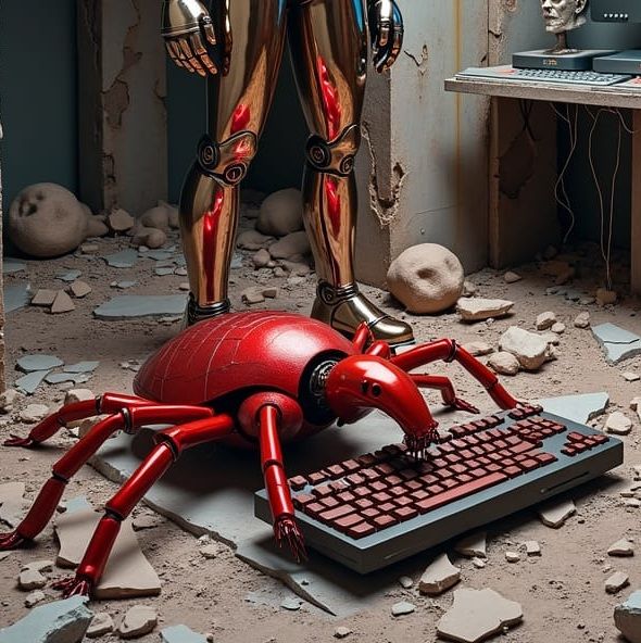 giant red robotic insects. robots humanoid robots. androids. broken plaster.plaster statues. plaster roman columns. chunks of broken plaster...