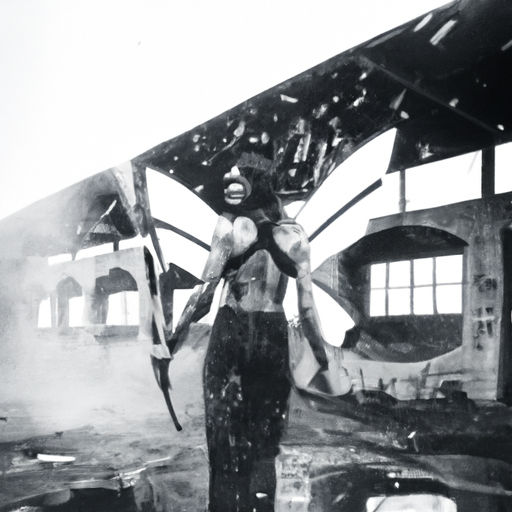  Dark goth photography. Medium shot. A lone goth stands in a field of dead leaves, a cement cottage behind, a dead tree reaching up. Low ang...