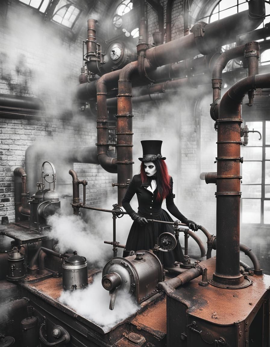 black and white photography. female goth fashion model. goth coffee shop. fog. smoke. steam pipes. steampunk. old iron pipes. rust. machines...