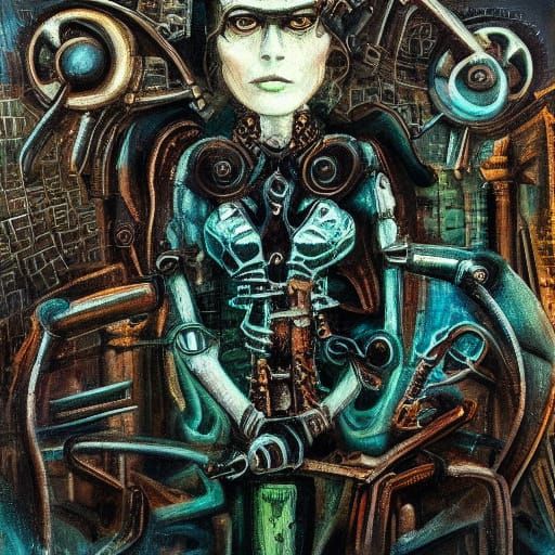 A goth coffee shop. set against a backdrop of crumbling, rusted machinery and wires, in the style of H.R. Giger, with bold, expressive brush...