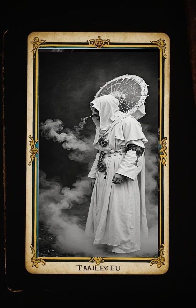 black and white photography. fog. old fashioned tarot card design. 1800's. Ancient Computer. camera obsura. telescope. bird cage. airplane....