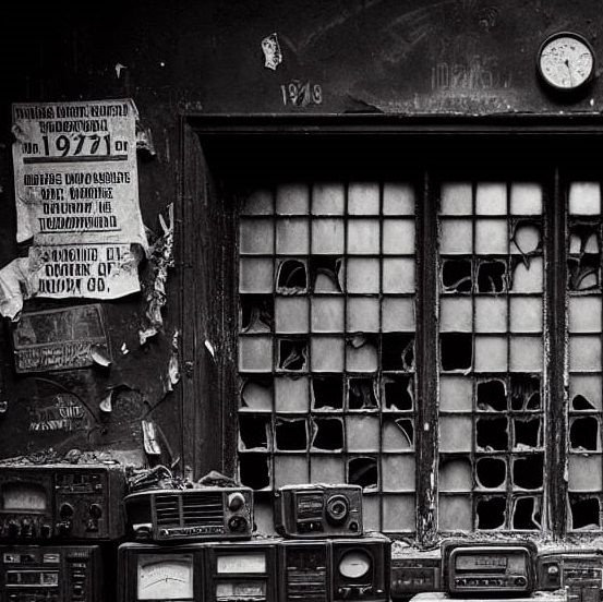 smoke. burnt plastic. human skeleton. black and white photography. inside a pirate radio station. flat black paint on walls. square windows....