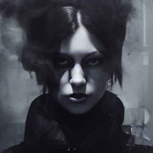 Breathtakingly cinematic. Medium shot. A beautiful fashion model poses amidst goth patrons inside an urban coffee shop built from building r...