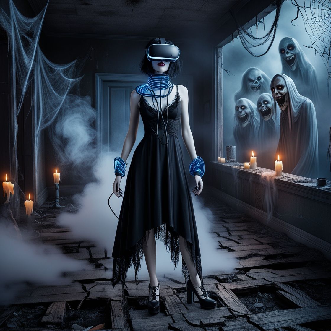 female goth model. decayed wood. vr goggles. haunted house. fog. smoke. ghosts.